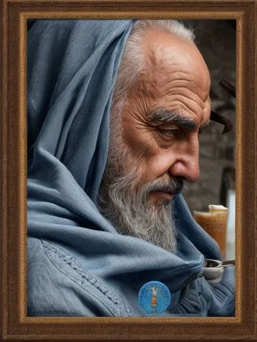 PONER A LA IMAGEN COLOR DE UN HOMBRE GRIEGO DE EDAD, CON BARBA CAFE OSCURA, CON TEZ BLANCA Y SU TUNICA DE COLOR AZUL CLARO,middle eastern monk,the abbot of olib,café au lait,mocaccino,espresso,woman d