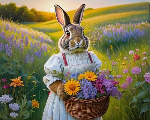 bunny on flower,american snapshot'hare,hare field,heatherley,donsky,european rabbit,peter rabbit,cottontail,lapine,easter bunny,cottontails,hares,field hare,white rabbit,hare,flowers in basket,hare trail,springtime background,wild hare,hare window,Art,Classical Oil Painting,Classical Oil Painting 43