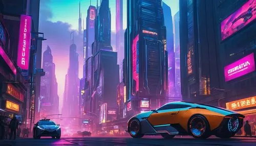 futuristic,cyberpunk,futuristic car,3d car wallpaper,futuristic landscape,neon,colorful city,cityscape,neon arrows,elektrocar,neon colors,mazda rx-7,80's design,dusk,80s,mazda mx-5,metropolis,fantasy city,urban,zenvo-st,Illustration,American Style,American Style 05