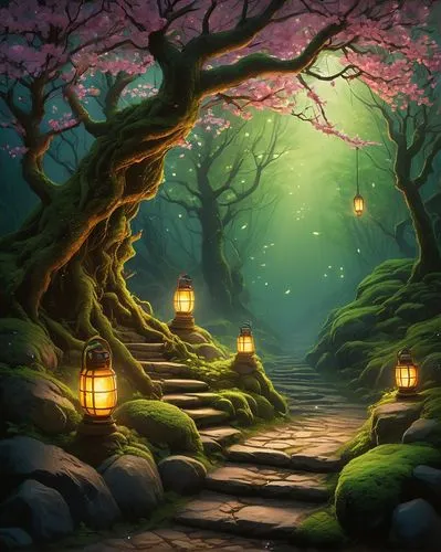 fantasy landscape,fantasy picture,the mystical path,fairy forest,forest path,pathway,japanese sakura background,fairy lanterns,cartoon video game background,lanterns,fairy village,the path,fairytale forest,wooden path,enchanted forest,fairy world,landscape background,forest landscape,mushroom landscape,elven forest,Art,Artistic Painting,Artistic Painting 31