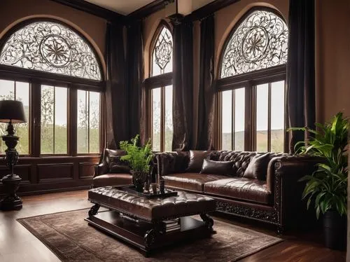 ornate room,sitting room,wooden windows,luxury home interior,dark cabinetry,great room,family room,interior decor,victorian room,hardwood floors,bay window,brownstone,living room,livingroom,interior design,french windows,interior decoration,home interior,antique furniture,dark cabinets,Illustration,Realistic Fantasy,Realistic Fantasy 46