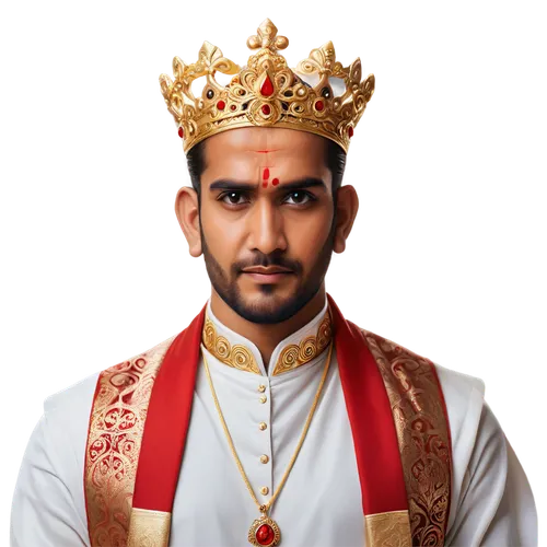 God Vinayaka, Indian deity, golden crown, multiple arms, serene face, red vermilion mark on forehead, white vestment, intricate jewelry, sacred thread, auspicious symbols, ornate background, shallow d