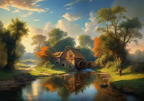 the old mill stream river
,autumn landscape,home landscape,fantasy landscape,autumn idyll,rural landscape,landscape background,river landscape,fall landscape,water mill,house with lake,fantasy picture