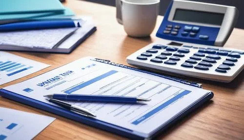 "Logo, tax preparation, modern design, blue and white color scheme, calculator, pen, papers, clipboard, desk lamp, office background, shallow depth of field, slight blur effect, simple composition, bo