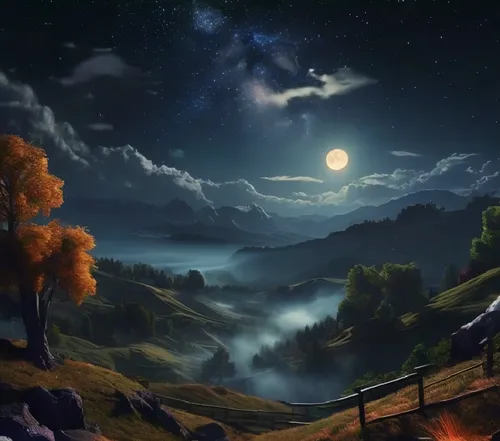 a painting of a landscape and mountains with a full moon,fantasy landscape,moonlit night,night scene