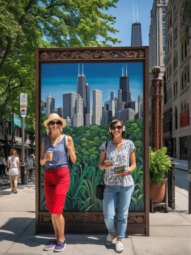 Chicago Architecture Foundation Tour, daytime, sunny weather, clear blue sky, guided group, mixed ages, casual clothing, sunglasses, headphones, holding maps or brochures, walking, standing, gesturing