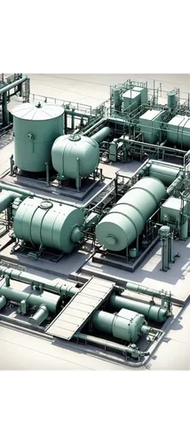 industrial diagram, water treatment plant, complex pipeline system, steel framework, cylindrical tanks, rectangular clarifiers, pumps, valves, meters, control panels, concrete foundation, metal gratin