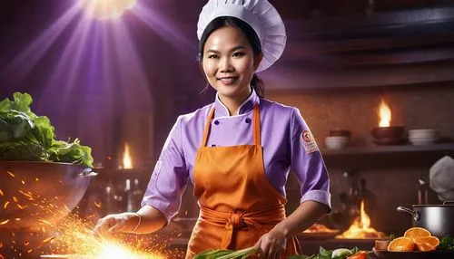 ILLUSTRATION FOR BFC MasterChef - Lady Vietnamese Chef Flavor ShinesSparkling rays of light radiate, transitioning from a dark screen to a natural scene, blending in with purple-orange hues,there is a