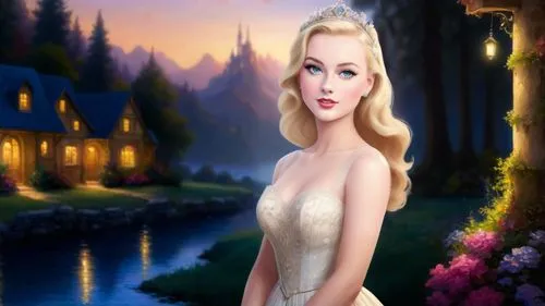 Romantic masterpiece oil painting, cute girl portrait, nostalgic 1950's style kitsch, breathtaking beautiful kingdom landscape, majestic fantasy scenery, evening lighting, by Thomas Kinkade,celtic wom