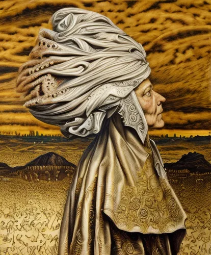 woman of straw,woman holding pie,burqa,veil,the hat of the woman,girl with cloth,praying woman,el salvador dali,girl in cloth,woman's hat,girl on the dune,pilgrim,sandstorm,woman praying,dali,desert flower,desert background,little girl in wind,bedouin,surrealism,Calligraphy,Painting,Fantasylism