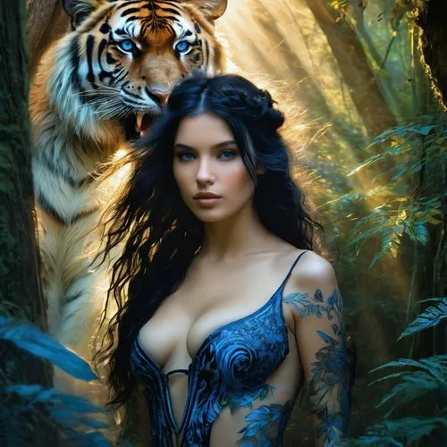 Full Body Frame, double exposure,beautiful 20 year old woman, long messy black hair, blue eyes, H-Cup. Super detailed photography, Play of light in the sun, standing beside a black tiger in the forest