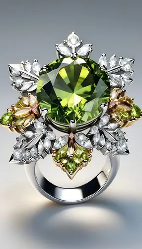 Nhẫn vàng với đá Peridot kiểu bông tuyết trên nền nhung trắng ,mouawad,diopside,gemology,aaa,aaaa,tremolite,olivine,boucheron,peridotites,birthstone,stefanovski,diamond jewelry,chaumet,diamond ring,ge