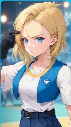 a young blonde woman, blue bright eyes, has a serious facial expression, stance of a fighter, wearing a short vest, high waist pants,an anime character wearing an outfit with her hands near her hair,d