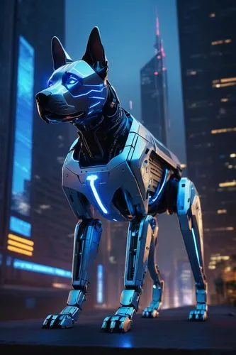 Futuristic robotic dog Dalle-3, shiny metallic body, glowing blue circuits, sharp angular legs, dynamic pose, mid-air jump, futuristic cityscape, neon lights reflecting off sleek skyscrapers, dark all