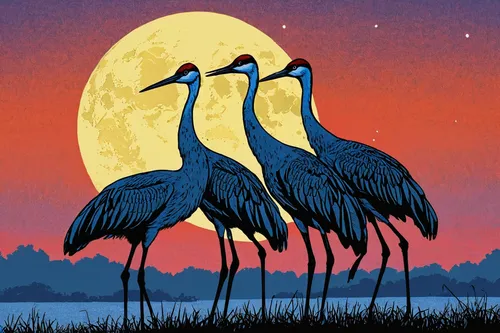 Sandhill-cranes-and-setting-moon-1d,herons,pelicans,grey crowned cranes,cranes,flamingo couple,storks,flamingos,cuba flamingos,bird couple,harbor cranes,two flamingo,flamingoes,swans,cranes from ebers