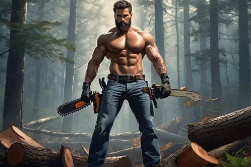 Muscular man, chainsaw wielder, powerful pose, rugged facial features, intense gaze, messy brown hair, sweat dripping down forehead, thick beard, worn leather gloves, ripped denim jeans, heavy combat 