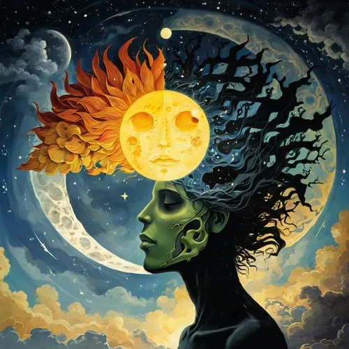 sun and moon,diwata,cerati,sci fiction illustration,leota,hecate,Illustration,Paper based,Paper Based 19