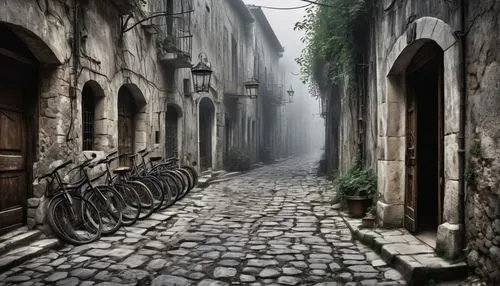 Narrow shady alleyway, dark mysterious atmosphere, old stone walls, cracked pavement, dim lanterns hanging from above, vines crawling up the walls, abandoned bicycles, rusty metal gates, worn-out wood