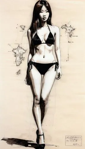 Schematic felt-tip pen sketch of an Asian bikini model, height 182 cm, cup size EU 36, hips 90 cm, waist 60 cm, shoes 39, eyes: brown, hair: black,ink painting,female body,advertising figure,tusche in