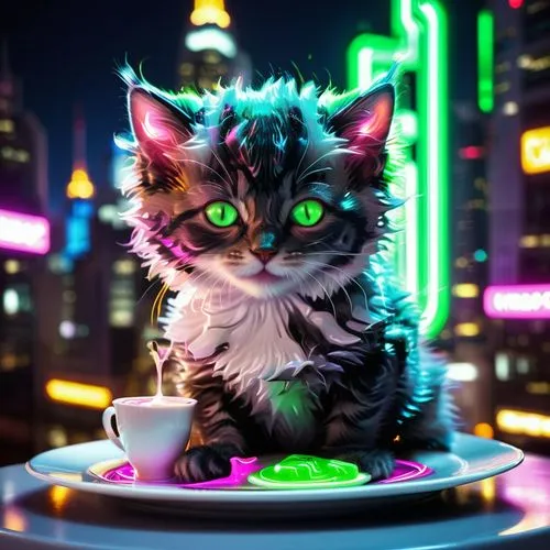 neon coffee,cat coffee,neon tea,tea party cat,cat drinking tea,cat vector,cappuccino,kittenish,maincoon,kittani,gato,alleycat,malacateco,jagermeister,suara,teacup,macchiato,cat's cafe,cyberpunk,cat,Conceptual Art,Sci-Fi,Sci-Fi 26