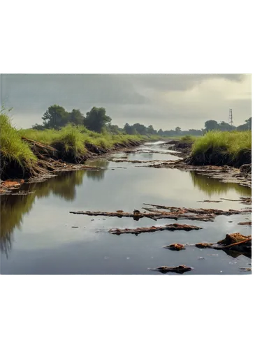 Dirty water, polluted river, plastic waste, oil spill, dead fish, murky brown color, algae growth, broken bottles, rusty pipes, industrial background, gloomy atmosphere, low-key lighting, dramatic com