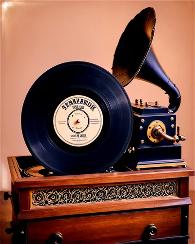 Vinyl record, phonograph, nostalgic, vintage, old-fashioned, wooden cabinet, metal horn, spiral groove, black disk, retro-style, warm lighting, shallow depth of field, 3/4 composition, soft focus, fil