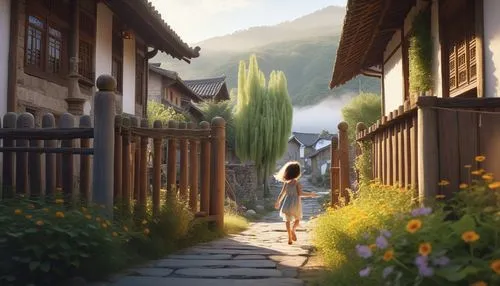 little girl walking along an old path between small houses,hosoda,chomet,studio ghibli,clannad,ghibli,nodame,Photography,General,Realistic