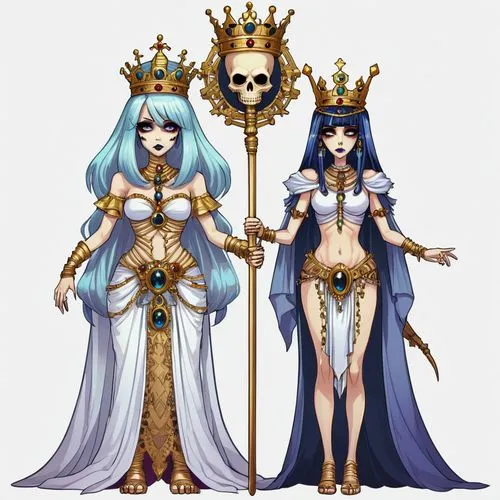 2d front sprite of a gothic colored spooky evil anime mummy goddess king and queen monster, transparent background,two women dressed in different costumes,priestesses,empresses,deities,consorts,the th