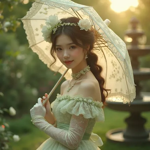 victorian lady,parasol,vietnamese woman,victoriana,garden fairy,romantic portrait,fairy tale character,vintage asian,hanbok,vintage dress,flower fairy,victorian style,crinolines,fairy,vintage woman,vintage girl,sun bride,petticoat,enchanting,beautiful bonnet,Photography,General,Realistic