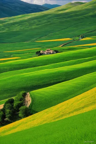 green landscape,green fields,field of rapeseeds,green meadow,tuscany,meadow landscape,rolling hills,yellow grass,cropland,rural landscape,vegetables landscape,wheat fields,xinjiang,grassland,beautiful landscape,ukraine,landscape nature,wheat field,farmland,green wheat,Illustration,Paper based,Paper Based 10