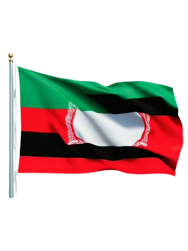 Afghanistan flag, waving in wind, horizontal layout, red, black, and green stripes, golden emblem, detailed texture, morning sunlight, shallow depth of field, panoramic view, 3/4 composition, realisti