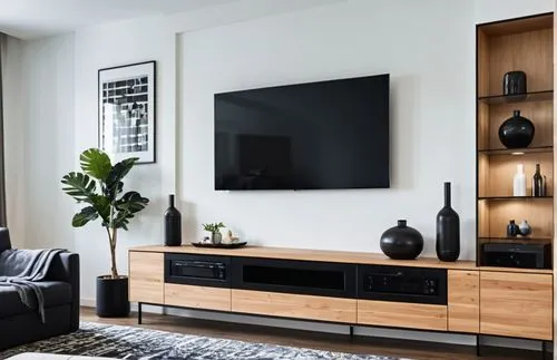 Modern living room TV wall in minimalist style:

TV cabinet: Width 240 cm, depth 45 cm, height 50 cm. Natural wood frame with black laminated doors, linear design and no handles. Smooth and spacious t