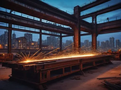 Modern architectural steel fabrication, industrial setting, massive machinery, metallic textures, intricate details, welding sparks, blueprints scattered on workbenches, giant metal beams, silver allo