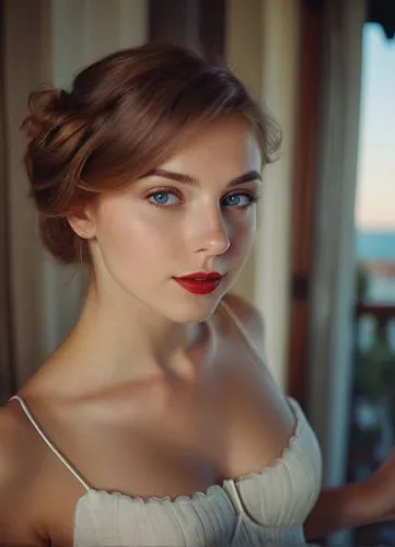 a portrait of a beautiful young caucasian girl 25 years old, brown hair, red lips, blue eyes, confident expression in a white nighty stand up in a balcony at morning whit lighting natural and Venezia 