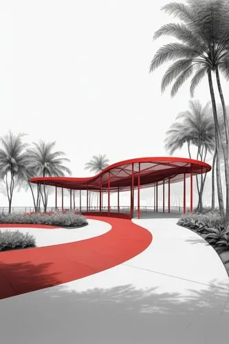 school design,dunes house,archidaily,3d rendering,futuristic art museum,maldives mvr,red roof,landscape red,futuristic architecture,red bench,render,pavilion,arq,beach house,pool house,asian architecture,abu-dhabi,mid century house,kirrarchitecture,bus shelters,Illustration,Black and White,Black and White 35
