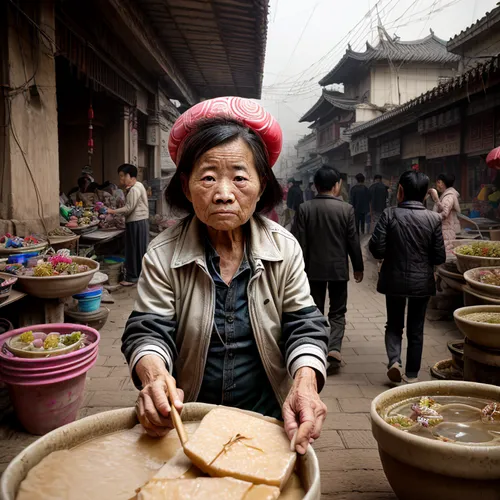 中国，城郊，集市，老人，妇女，商业，地摊,tibetan food,asian conical hat,vendor,yunnan,girl with bread-and-butter,vietnamese woman,anhui cuisine,basket weaver,congee,woman holding pie,liver paste,basket maker,rice flour,g