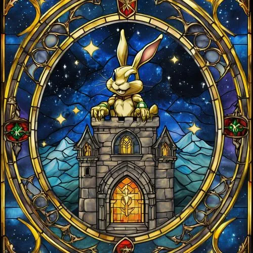 gold and black fire and ice story canvas rug of the starry sky Teenage mutant ninja rabbit block comic cartoon in the style of house of arms stained glass window logo,a stained glass picture of a rabb