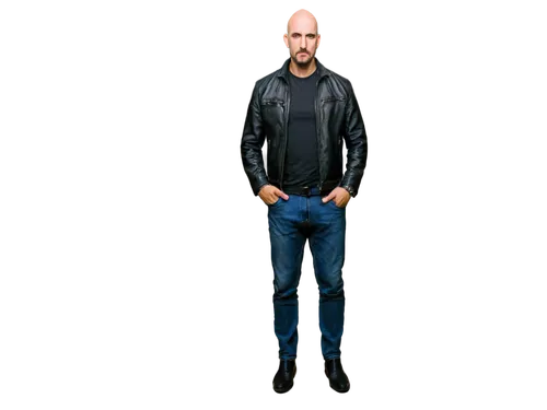 bald man, mature, muscular build, strong facial features, prominent nose, thick eyebrows, piercing eyes, slight beard, silver earrings, black leather jacket, white shirt, dark jeans, black boots, conf