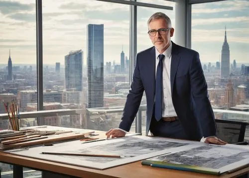 Middle-aged man, mature, bespectacled, short hair, gentle facial expression, wearing a white shirt, black tie, dark blue suit, holding a pencil, standing in front of a drafting table, surrounded by ar