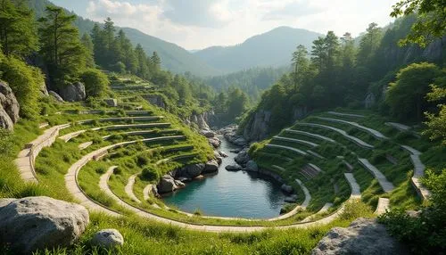 labyrinths,terraces,winding steps,rice terraces,terraced,amphitheater,ancient theatre,winding road,mountain spring,amphitheatre,rice terrace,meanders,labyrinthian,zen garden,winding roads,japanese zen garden,mountainous landscape,wudang,fantasy landscape,tulou,Photography,General,Realistic