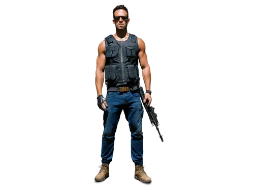 man holding gun and light,macmanus,derivable,bernthal,bsaa,holstered,jeans background,denim background,civilian,vaas,vest,axton,wesker,paleobotanist,tool belt,gunslinger,terminator,shinholster,commando,jcvd,Illustration,Retro,Retro 11