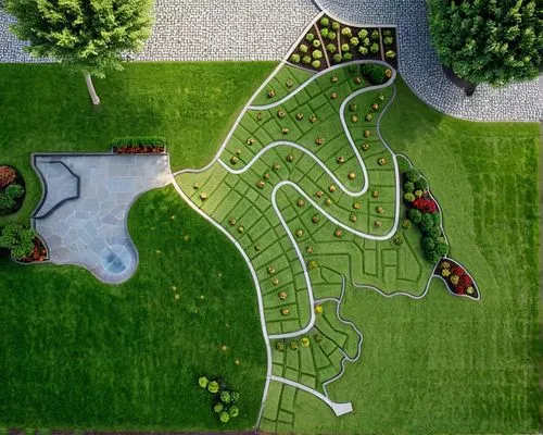 an aerial view of a landscape with grass,parterre,climbing garden,landscape plan,garden sculpture,urban park,mini golf course,Photography,General,Realistic