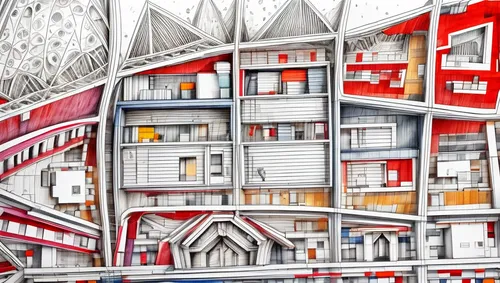 architecture conyeptual sketche,multistoreyed,kirrarchitecture,townscape,apartment block,hanging houses,japanese architecture,dolls houses,city buildings,an apartment,multi-storey,escher,highrise,mixe