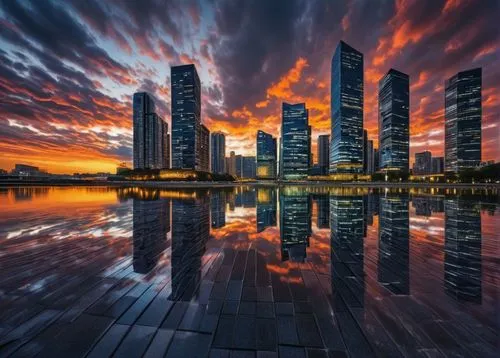 Ultra-wide-angle lens, 10-22mm, low distortion, sharp corners, high-rise building, modern skyscraper, cityscape, urban landscape, nighttime, vibrant LED lights, reflections on glass surfaces, abstract