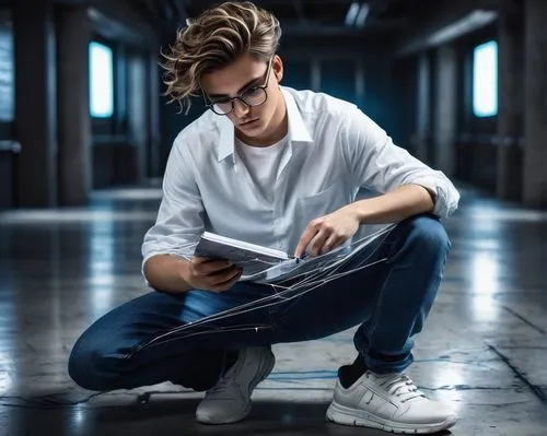 Architecture student, messy hair, thick black glasses, white shirt with pen marks, dark blue jeans, sneakers, holding a weird futuristic product, irregular shape, glowing blue lines, metallic material