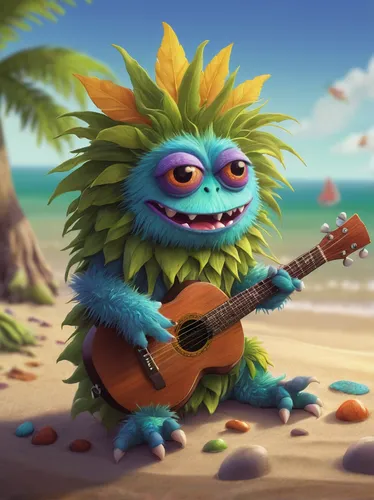 singing sand,prickle,musician,art bard,ukulele,coastlien,serenade,singing,luau,fritanga,tropical sea,coconut jam,sub-tropical,sing,bard,hula,frog king,spike,summer background,sun bass,Conceptual Art,Oil color,Oil Color 12