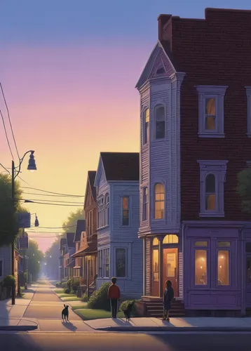 row houses,houses silhouette,neighborhood,evening atmosphere,summer evening,marthas vineyard,provincetown,townhouses,cape cod,house silhouette,the evening light,street scene,neighbourhood,greystreet,martha's vineyard,night scene,suburb,early evening,in the evening,apartment house,Art,Artistic Painting,Artistic Painting 48