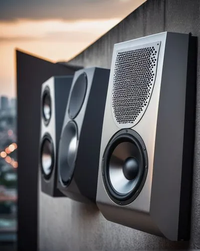 Modern architectural loudspeakers, sleek metal body, silver finish, geometric shape, sharp edges, futuristic design, mounted on a concrete wall, urban cityscape background, dark tone, moody lighting, 