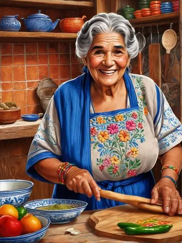 Latino granny, wrinkled face, warm smile, silver hair, curled up, colorful embroidered shawl, floral patterned dress, apron, comfortable sandals, holding wooden spoon, standing, kitchen, vibrant color