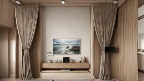 gendrate a realistic render of this interior image which has a tv unit ,an open concept living room with furniture and decor,luxury bathroom,bamboo curtain,modern minimalist bathroom,bath room,japanes